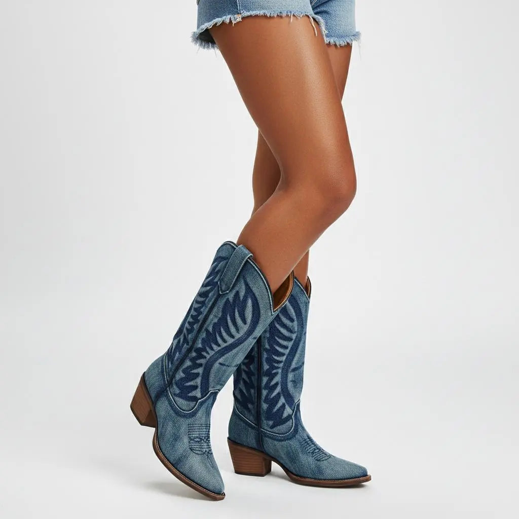 Tuhoomall Western Vintage Embroidered Cowboy Boots for Women, Chunky Heels, Classic Retro Style, Easy Slip-On, Ideal for Casual Spring and Autumn Wear Tuhoomall