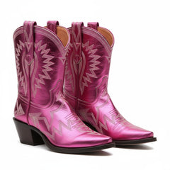 Tuhoomall Metallic Western Ankle Boots for Women - Stylish Slip-On Design with Embroidered Floral Pattern, Casual All-Season Footwear