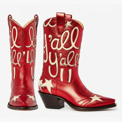 Tuhoomall Comfortable Western Boots for Fashion Parties and Daily Wear with Star and Letter Embroidery, Chunky Heel, Slip-On Design