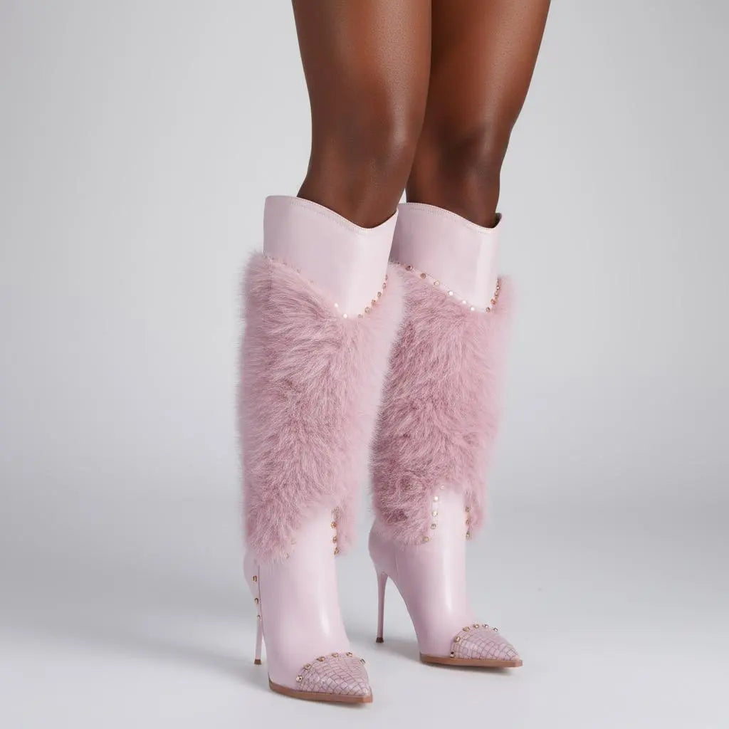 Tuhoomall Heel Fashion Boots for Women, Elegant Pointed Toe High Heels with Studs and Faux Fur, Ideal for Parties and Performances Tuhoomall