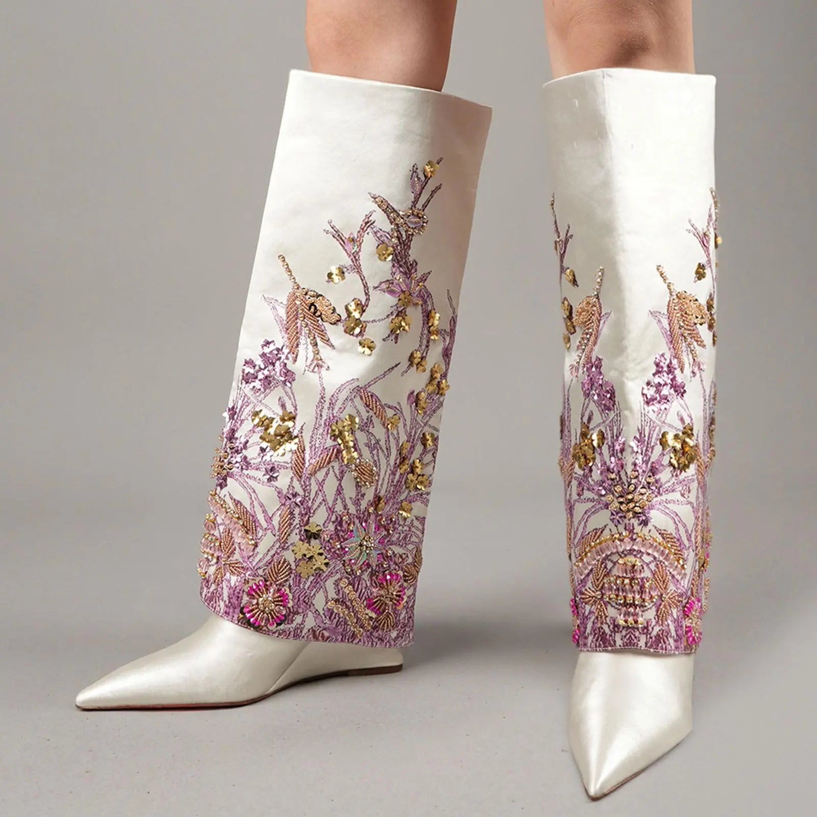 Tuhoomall Knee High Floral Print Heeled Boots with Sparkling Beads for Fashionable Parties and Casual Outings Tuhoomall