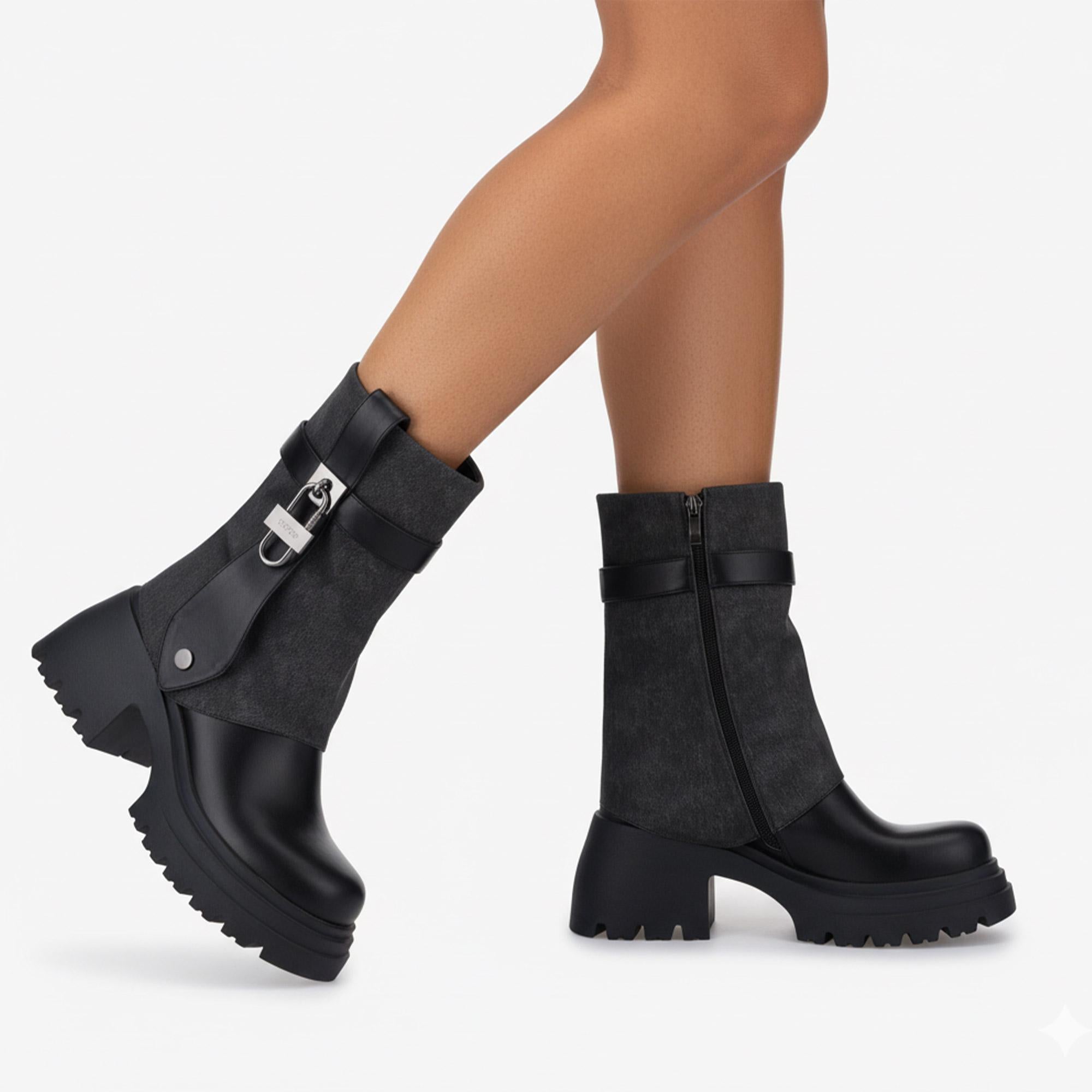 Tuhoomall Fashion Women's Foldable Knee-High Boots with Round Toe and Thick Heels, Stylish Metal Buckle for Parties and Performances
