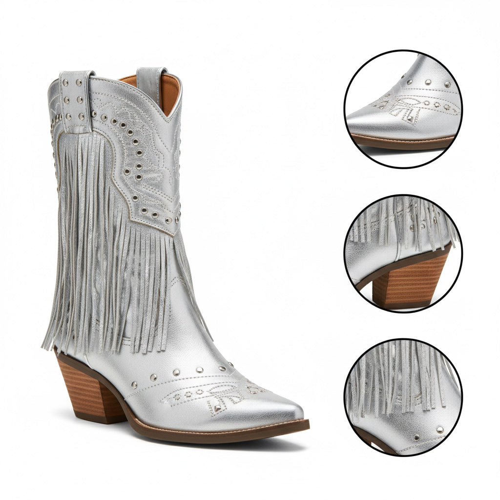 Tuhoomall Western Style Mid Calf Boots with Fringe and Studs - Comfortable Slip-On Design for Parties and Casual Outings Tuhoomall