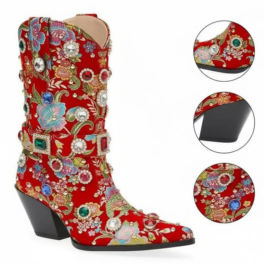 Tuhoomall Western Floral Embroidered Rhinestone Mid Calf Boots for Women, Chunky Heel, Water-Resistant Satin, Stylish for Spring Autumn Winter Tuhoomall