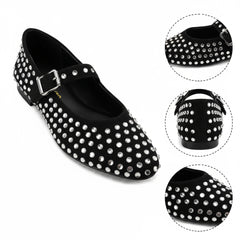 Tuhoomall Ballet Flats Women’s Boots with Studded Design, Comfortable Slip-On, Casual Style, Rubber Sole and Adjustable Buckle, Low Top