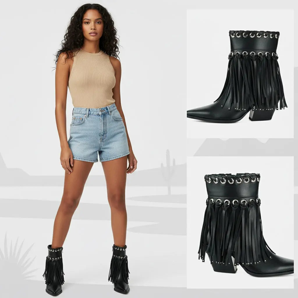 Tuhoomall Western Ankle Boots for Women - Chic Pointed Toe Suede Short Booties with Tassels & Zipper for Fashionable Casual Outdoor Style Tuhoomall