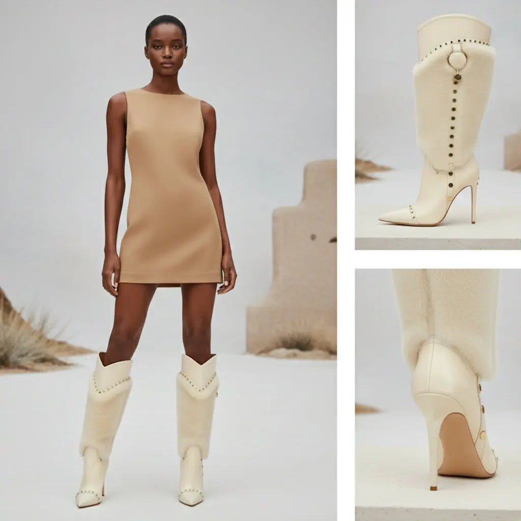 Tuhoomall Heel Fashion Boots for Women, Elegant Pointed Toe High Heels with Studs and Faux Fur, Ideal for Parties and Performances Tuhoomall