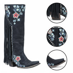Tuhoomall Western Cowboy Boots for Women, Floral Embroidered Mid-Calf Chunky Heel, Trendy Fringe Detail, Perfect for Casual Outings and Performances