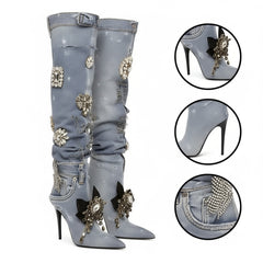 Tuhoomall Knee-High Stiletto Boots With Ruched Design, Pointed Toe, Jewel Embellishments, Stylish Slip-On, Perfect For Parties And Performances