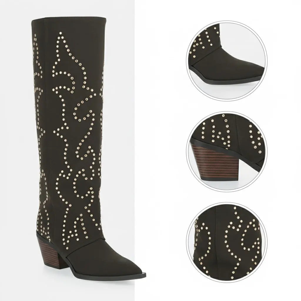 Tuhoomall Western Style Floral Embellished Women's Mid-Calf Boots with Chunky Heel for Fashionable Outdoor Casual Wear Tuhoomall