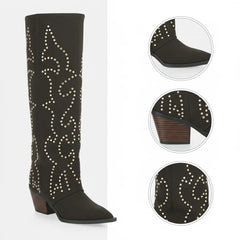 Tuhoomall Western Style Floral Embellished Women's Mid-Calf Boots with Chunky Heel for Fashionable Outdoor Casual Wear Tuhoomall