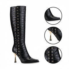 Tuhoomall Fashion Knee-High Boots for Women, Chic Style with Zipper and Stone Pattern, 9cm Stiletto Heels for Everyday and Work Use