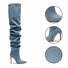Tuhoomall Blue Denim Slouchy Pointy Thigh High Stiletto Heel Over Knee Boots For Women Tuhoomall