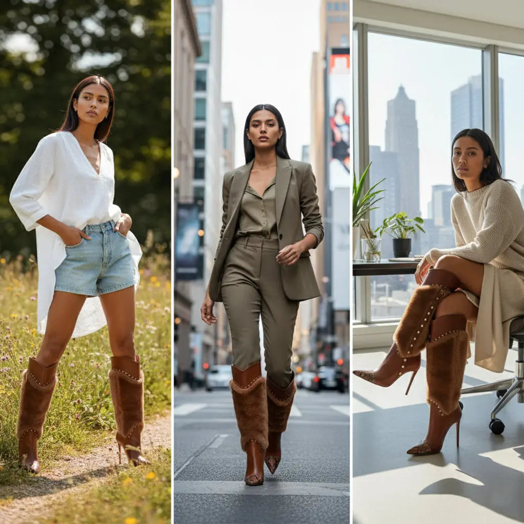 Tuhoomall Heel Fashion Boots for Women, Elegant Pointed Toe High Heels with Studs and Faux Fur, Ideal for Parties and Performances Tuhoomall