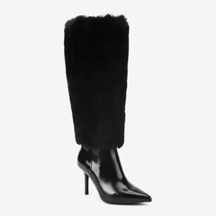 Tuhoomall Knee-High Faux Fur Booties with Zip Closure for Fashion Parties and Performances, Pointed Toe High Heels