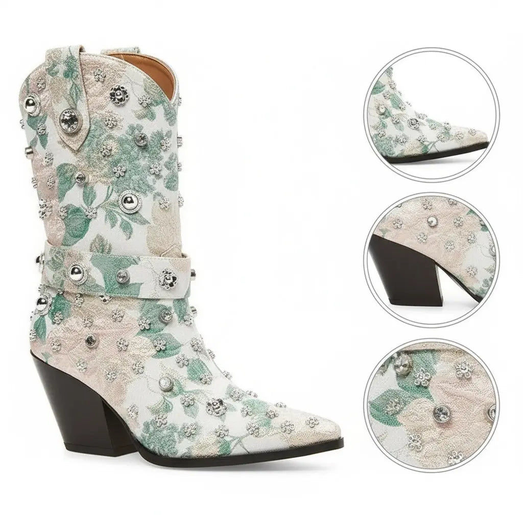 Tuhoomall Western Floral Embroidered Rhinestone Mid Calf Boots for Women, Chunky Heel, Water-Resistant Satin, Stylish for Spring Autumn Winter Tuhoomall