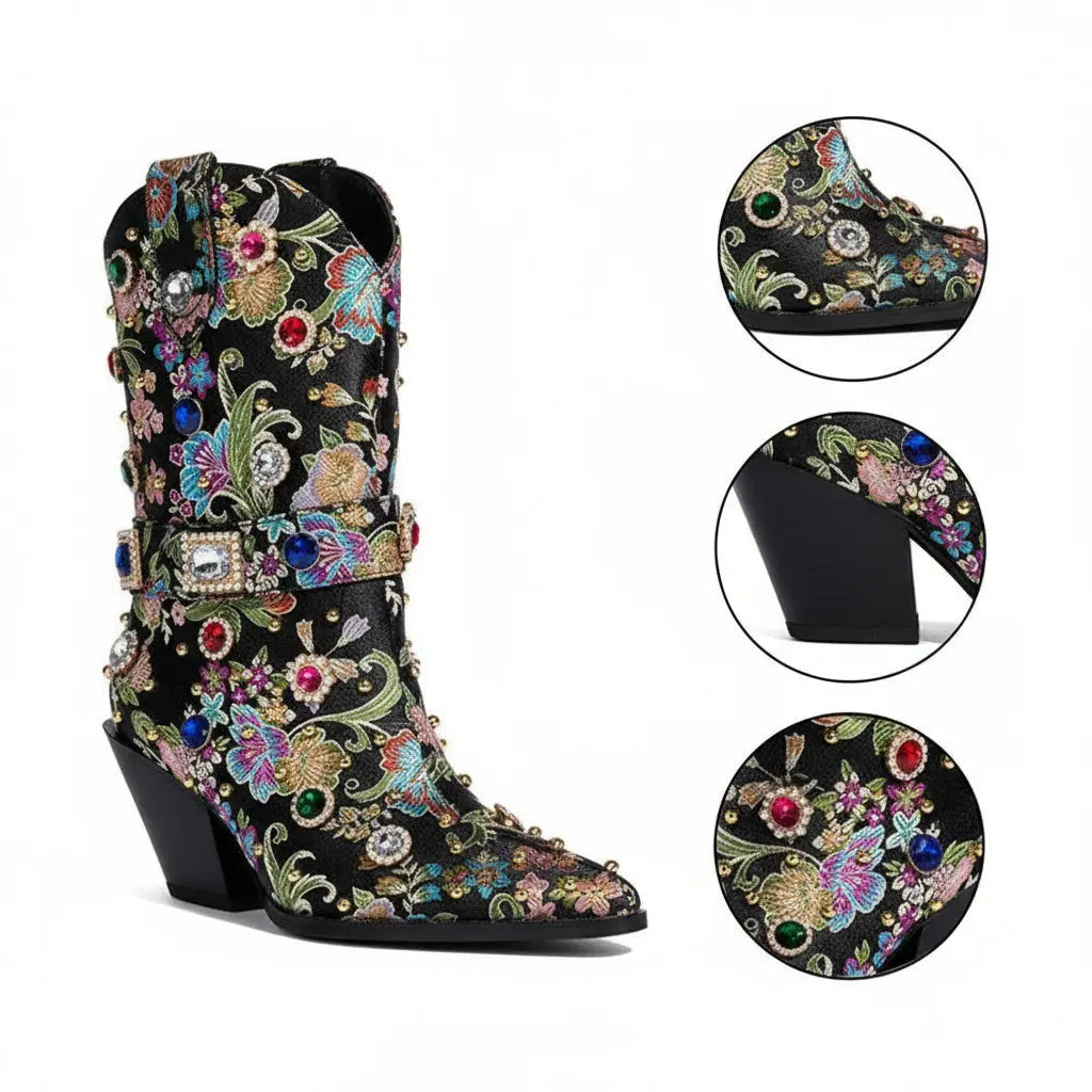 Tuhoomall Western Floral Embroidered Rhinestone Mid Calf Boots for Women, Chunky Heel, Water-Resistant Satin, Stylish for Spring Autumn Winter Tuhoomall