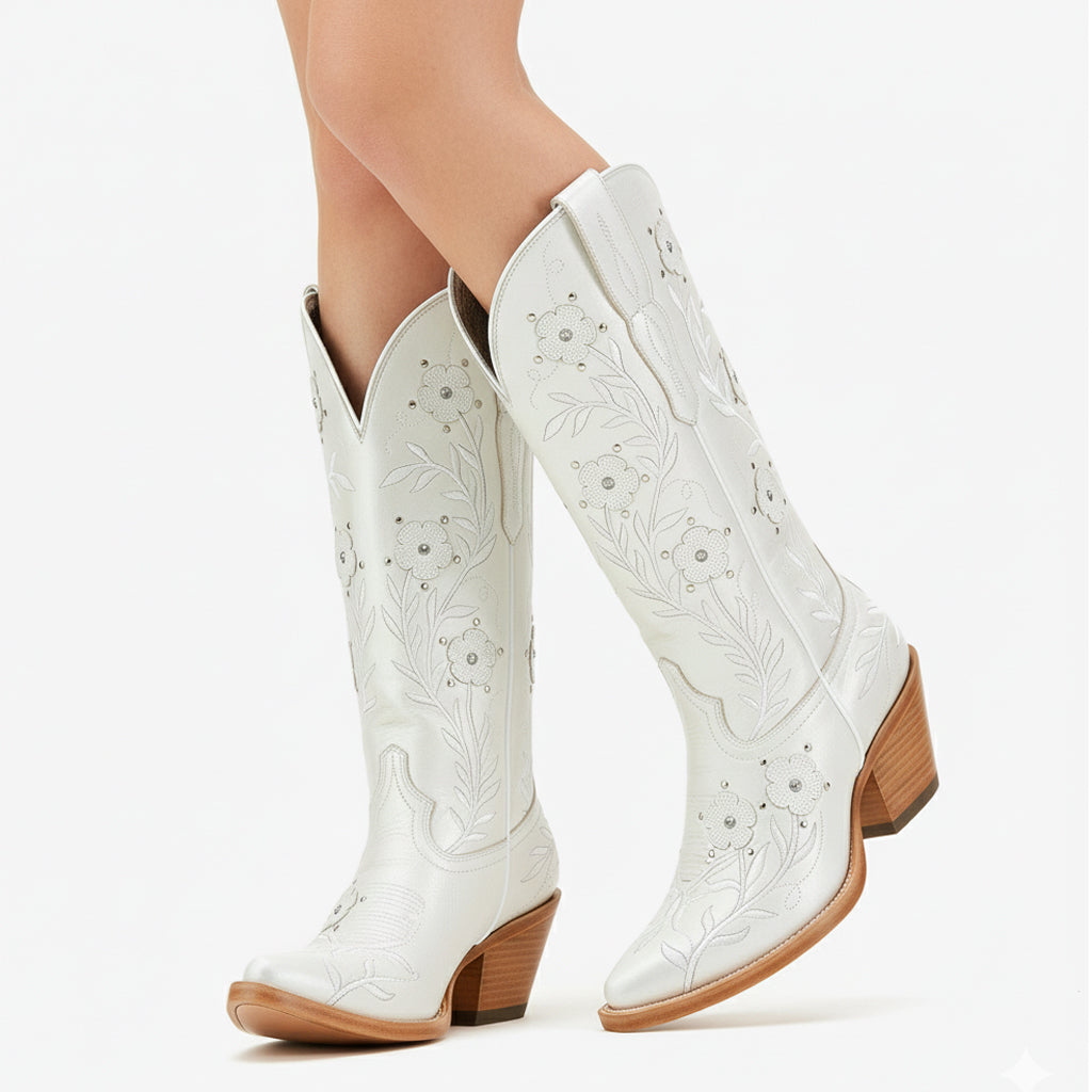 Tuhoomall Western Cowboy Knee High Boots with Floral Embroidery - Comfortable Chunky Heel for Casual, Work, Travel and Party Wear