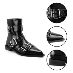 Tuhoomall Ankle Boots For Women, Casual Short Boots, Pointed Toe Chunky Heel, Zipper Closure With Hardware Buckle, PU Patent Leather, Rubber Sole, Ideal For Spring, Autumn, Winter