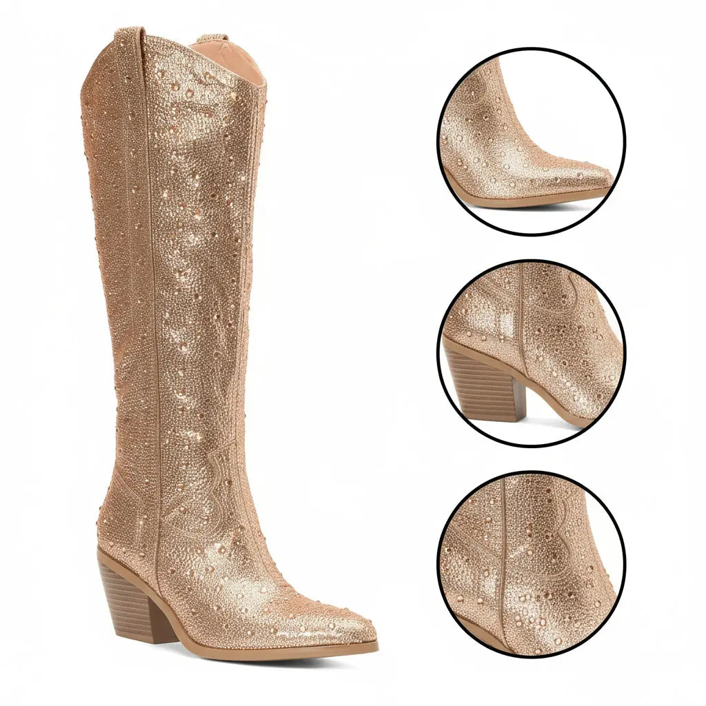 Tuhoomall Rhinestone Western Mid Calf Boots For Women - Chunky Heel & Easy Zip Closure, Stylish For Travel And Weddings Tuhoomall