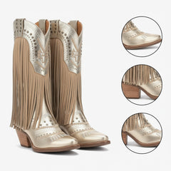 Tuhoomall Western Style Mid Calf Boots with Fringe and Studs - Comfortable Slip-On Design for Parties and Casual Outings Tuhoomall