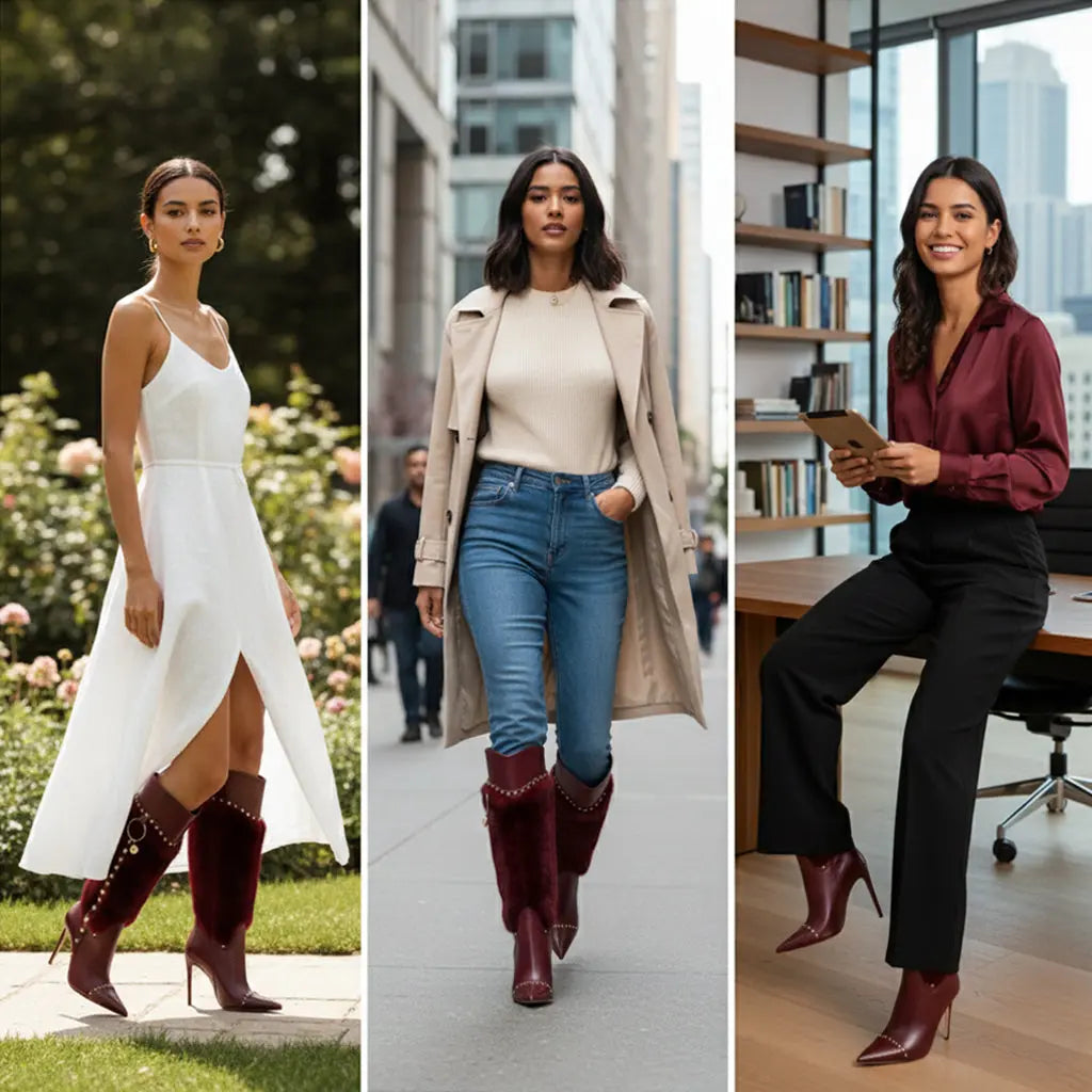 Tuhoomall Heel Fashion Boots for Women, Elegant Pointed Toe High Heels with Studs and Faux Fur, Ideal for Parties and Performances Tuhoomall