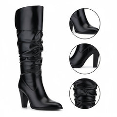 Tuhoomall Fashion Knee-High Boots for Women, Stylish Ruffled Design, 9cm Chunky Heel, Ideal for Casual Work and All Seasons