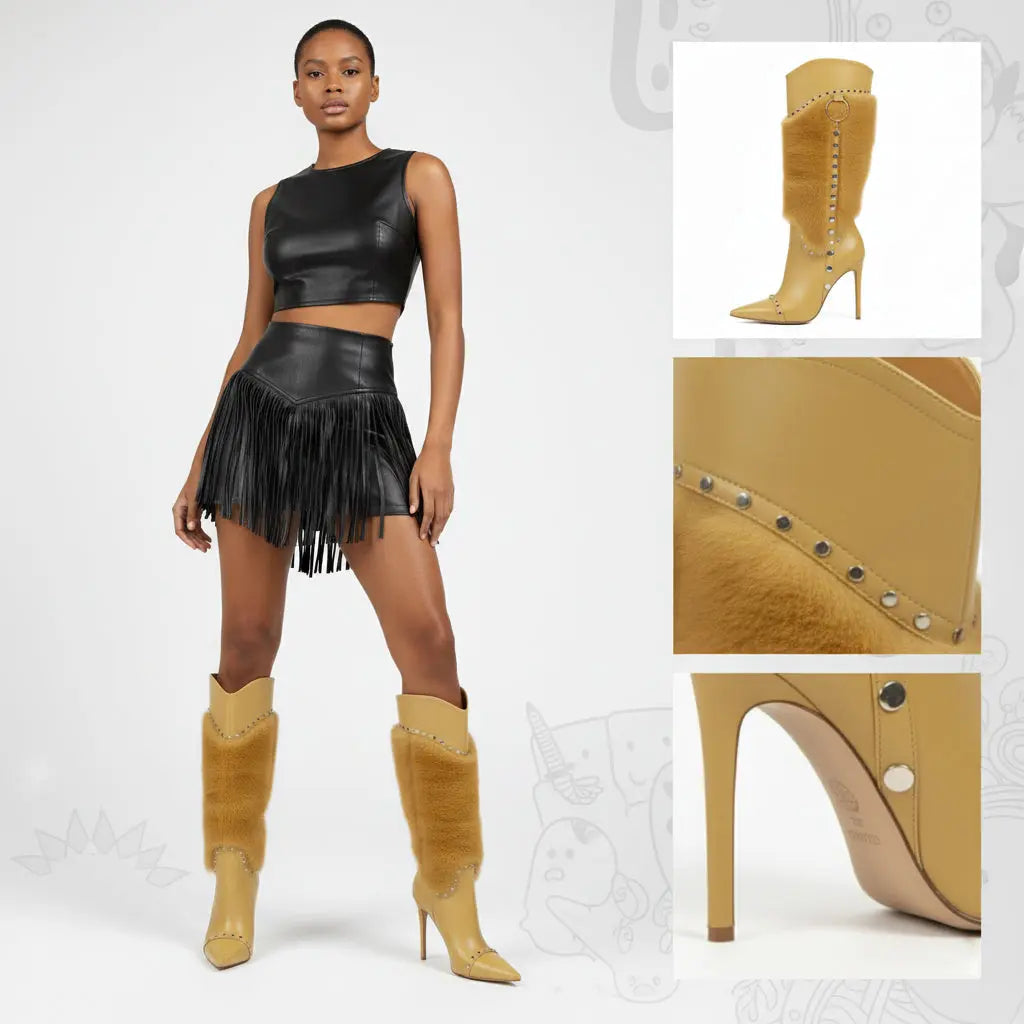 Tuhoomall Heel Fashion Boots for Women, Elegant Pointed Toe High Heels with Studs and Faux Fur, Ideal for Parties and Performances Tuhoomall