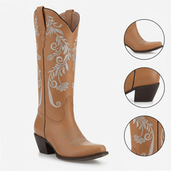 Tuhoomall Western Style Embroidered Mid-Calf Boots for All Seasons, Slip-On Low Chunky Heels with PU Material and Sniper Toe Design