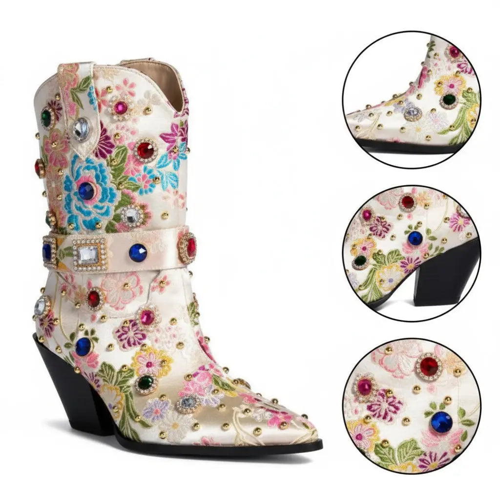 Tuhoomall Western Floral Embroidered Rhinestone Mid Calf Boots for Women, Chunky Heel, Water-Resistant Satin, Stylish for Spring Autumn Winter Tuhoomall
