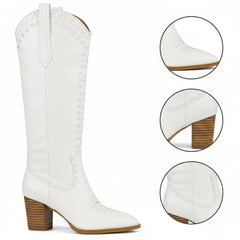 Tuhoomall Western Knee-High Boots for Women, 7cm Chunky Heels, Slip-On Style, Durable Woven Leather, Perfect for Work and Casual Occasions