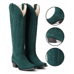 Tuhoomall Mid-Calf Western Boots for Women, Faux Suede, Embroidered, Snip Toe Design, 5.1 cm Chunky Heel, Casual and Office Wear, All Seasons