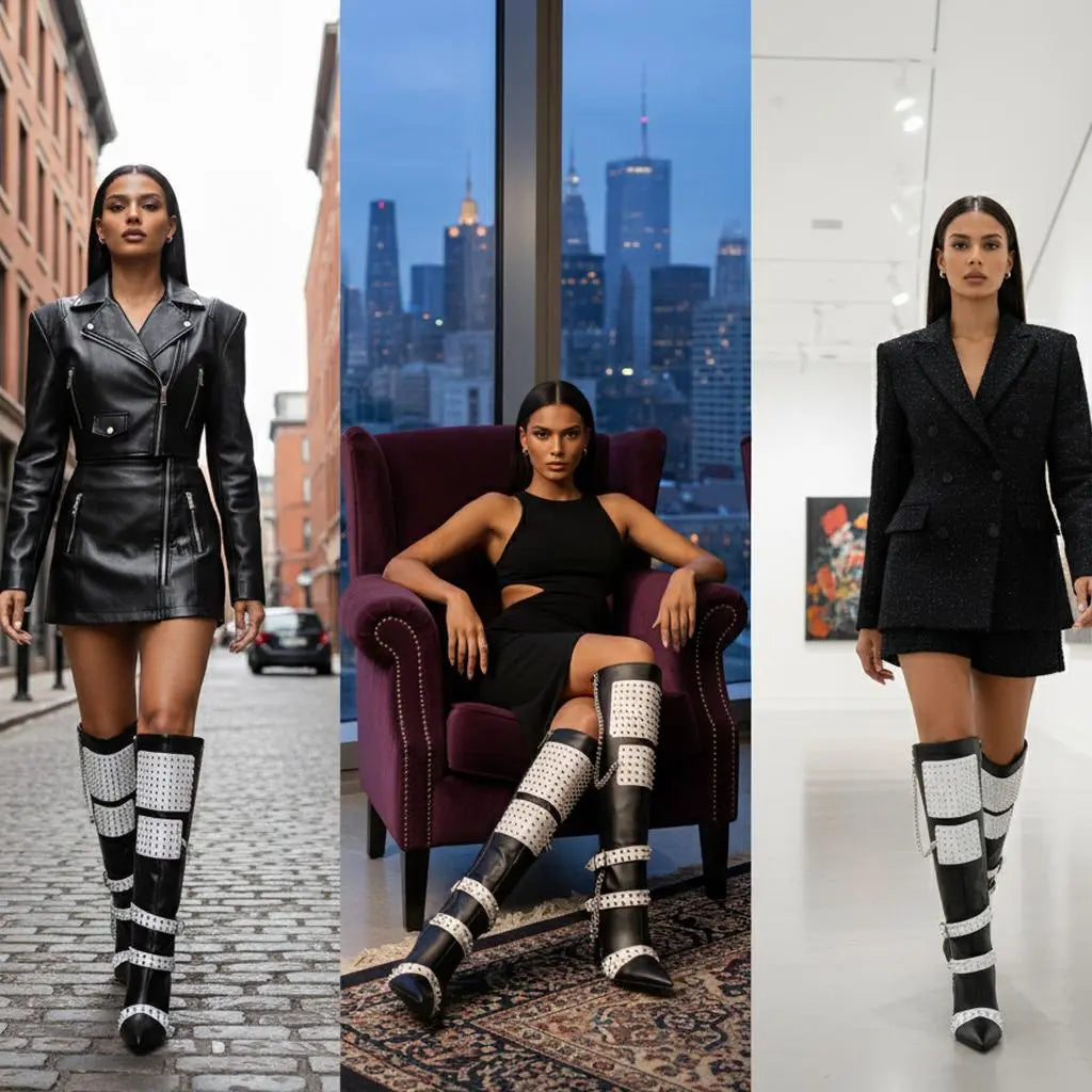 Tuhoomall Stiletto Knee-High Boots with Metallic Studs and Chic Design for Parties and Performances Tuhoomall