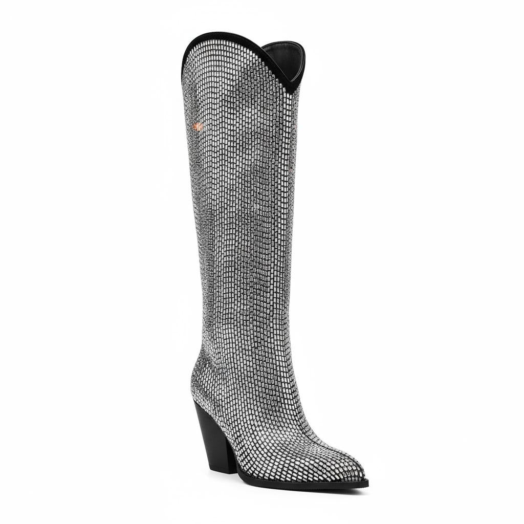 Tuhoomall Shiny Rhinestone Knee-High Boots for Parties and Performances, Stylish Pointed Toe Design, 9cm Chunky Heel, All-Season Wear