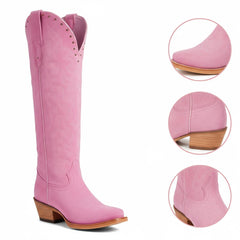 Tuhoomall Western Mid-Calf Boots for Women with Chunky Heel, Zipper Closure, Embroidered Faux Suede and Rivets, Casual Fashion for All Seasons