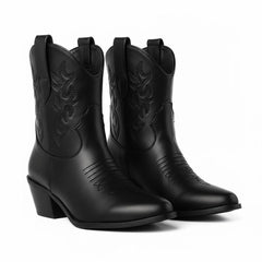 Tuhoomall Western Ankle Boots with Embroidered Pattern, 5cm Chunky Heel, Slip-On Design for Fashion and Travel, Durable Synthetic Fabric Lining