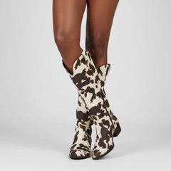 Tuhoomall Western Knee-High Cowboy Boots for Women, Stylish Animal Print, Chunky Heel, Vegan Friendly for Travel and Parties