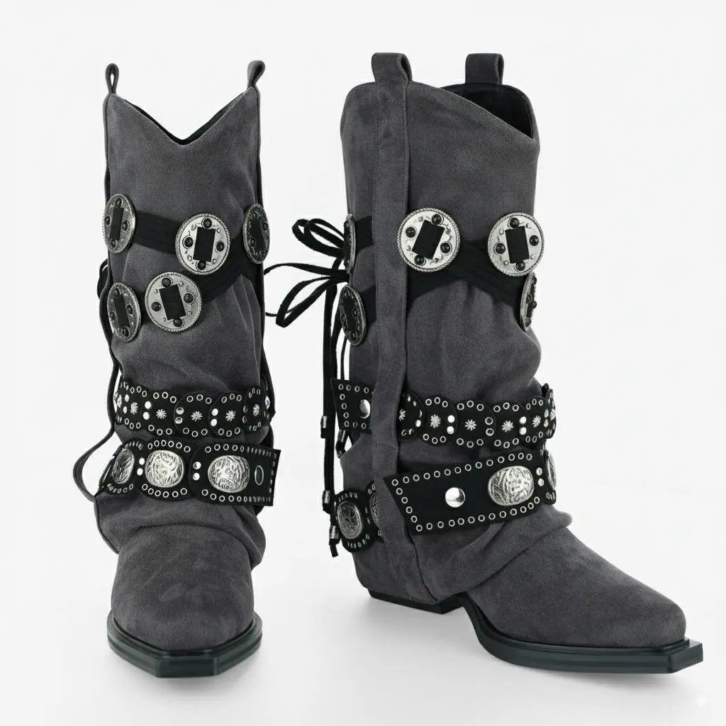 Tuhoomall Western Cowboy Boots for Women, Mid-Calf Pointed Toe, Chunky Heel Slip-On, Stylish Faux Suede with Hardware Accents, Ideal for All Seasons Tuhoomall