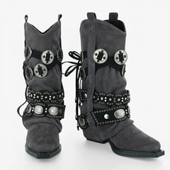 Tuhoomall Western Cowboy Boots for Women, Mid-Calf Pointed Toe, Chunky Heel Slip-On, Stylish Faux Suede with Hardware Accents, Ideal for All Seasons Tuhoomall