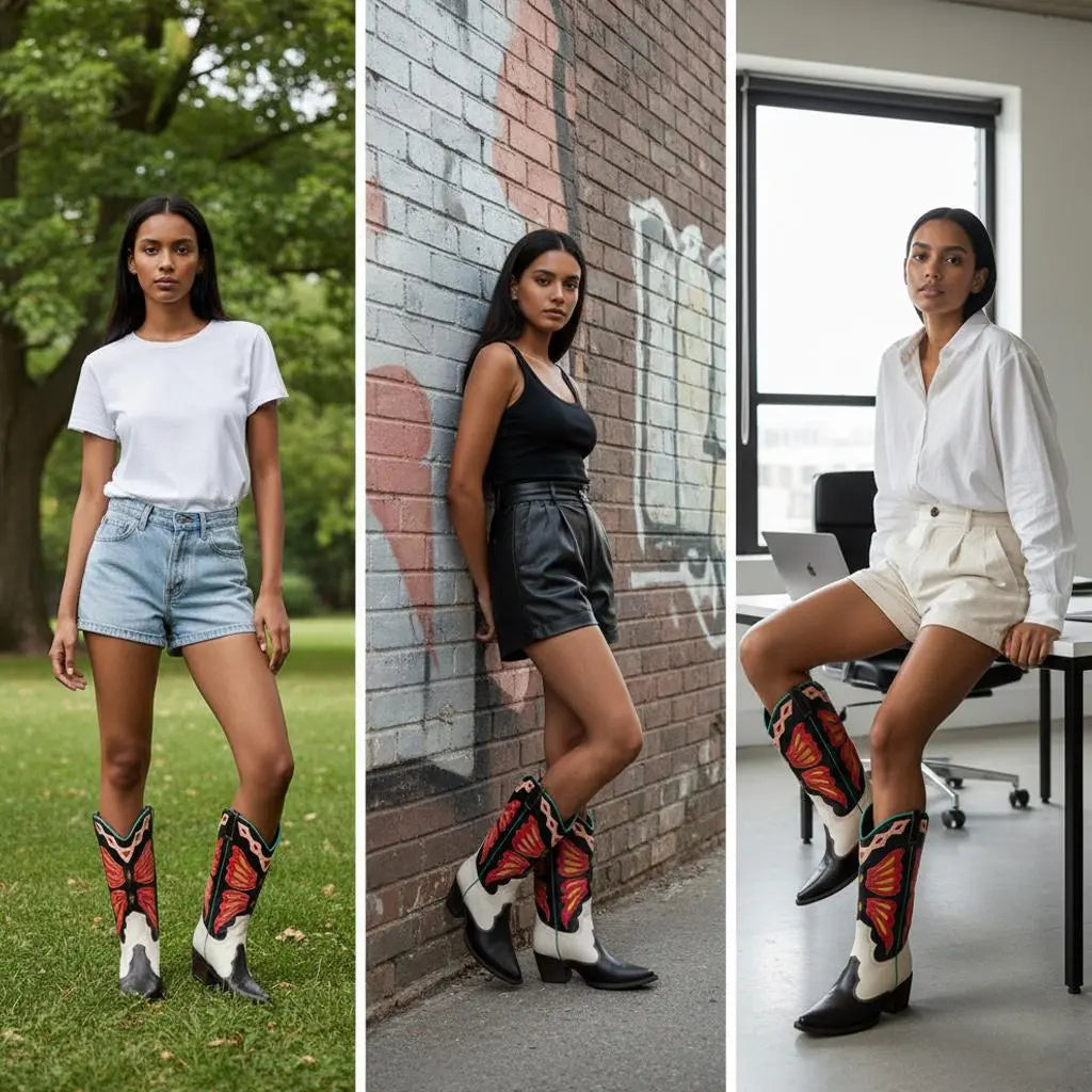 Tuhoomall Western Cowboy Boots for Women, Floral and Animal Print, Chunky Heels, Perfect for Parties and Fashion Events, Easy Slip-On Style Tuhoomall