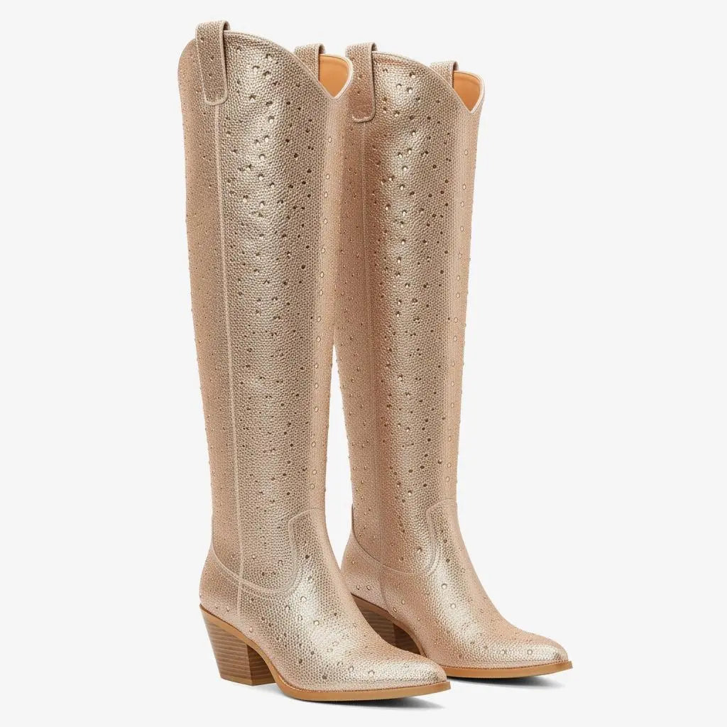 Tuhoomall Western Over-Knee Cowboy Boots With Chunky Heel, Rhinestone-Studded Vegan Leather, Casual All-Season Style, Round Toe, Zipper Closure Tuhoomall