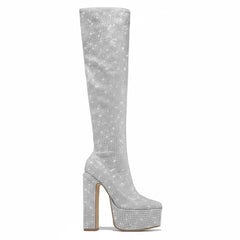 Tuhoomall Thigh High Satin Platform Boots with Chunky Heel and Rhinestone Embellishments for Parties and Special Occasions