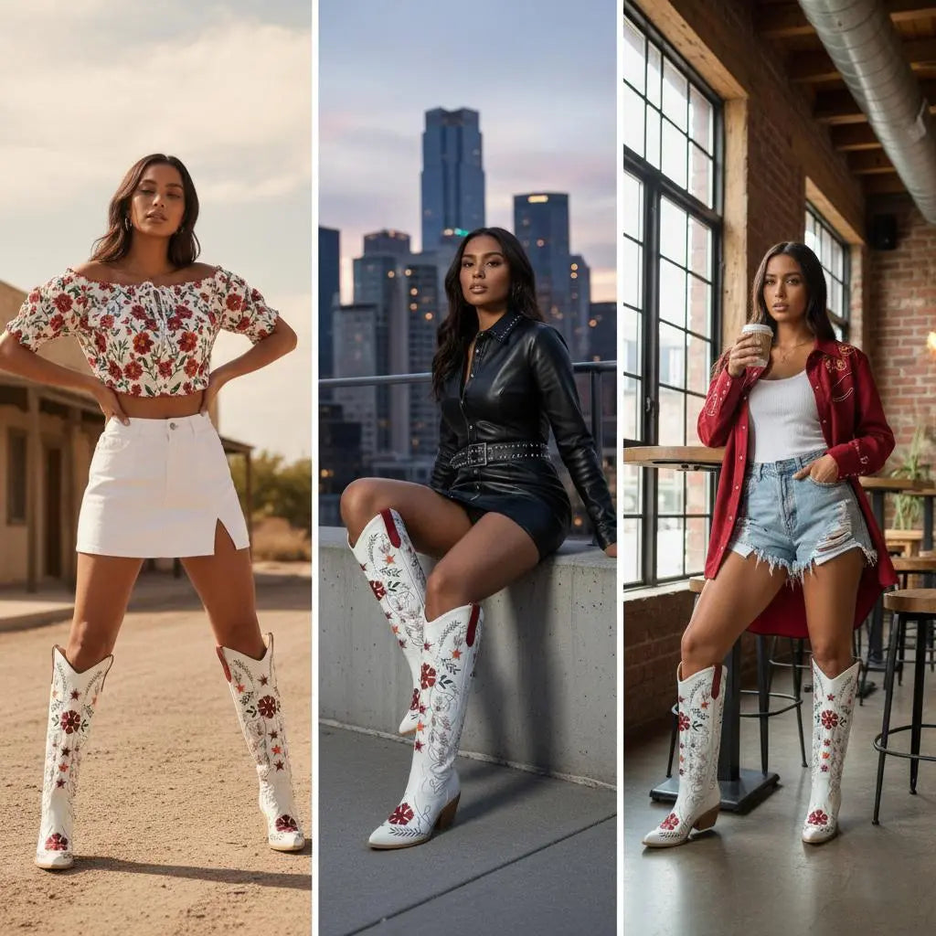 Tuhoomall Western Cowboy Knee-High Boots with Floral Embroidery, Chunky Heels for Fashion, Outdoor and Casual Wear, Unique Hollow Design, All-Season Ready Tuhoomall