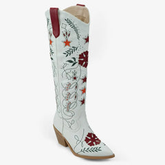 Tuhoomall Western Cowboy Knee-High Boots with Floral Embroidery, Chunky Heels for Fashion, Outdoor and Casual Wear, Unique Hollow Design, All-Season Ready Tuhoomall