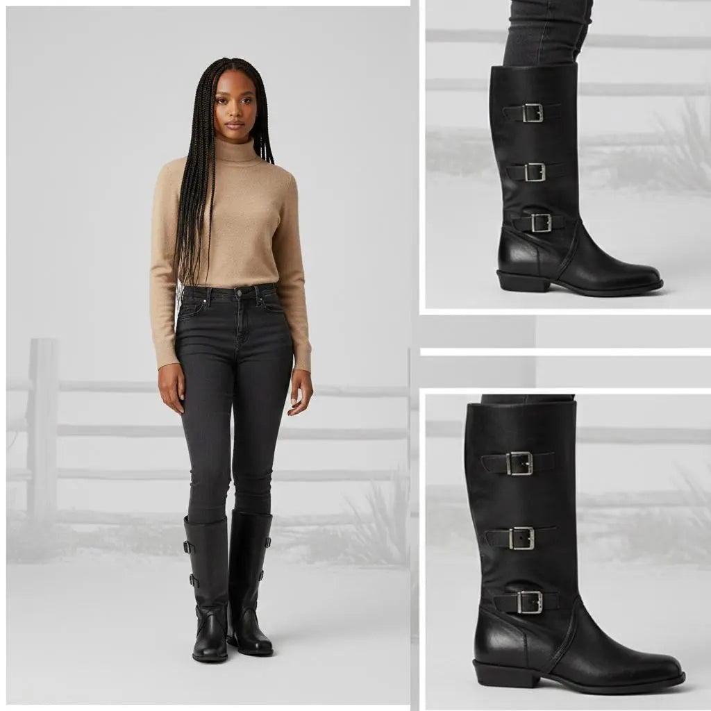 Tuhoomall Foldable Mid-Calf Chunky Heel, Stylish Adjustable Metallic Buckle, Perfect For Casual And Formal Occasions Tuhoomall