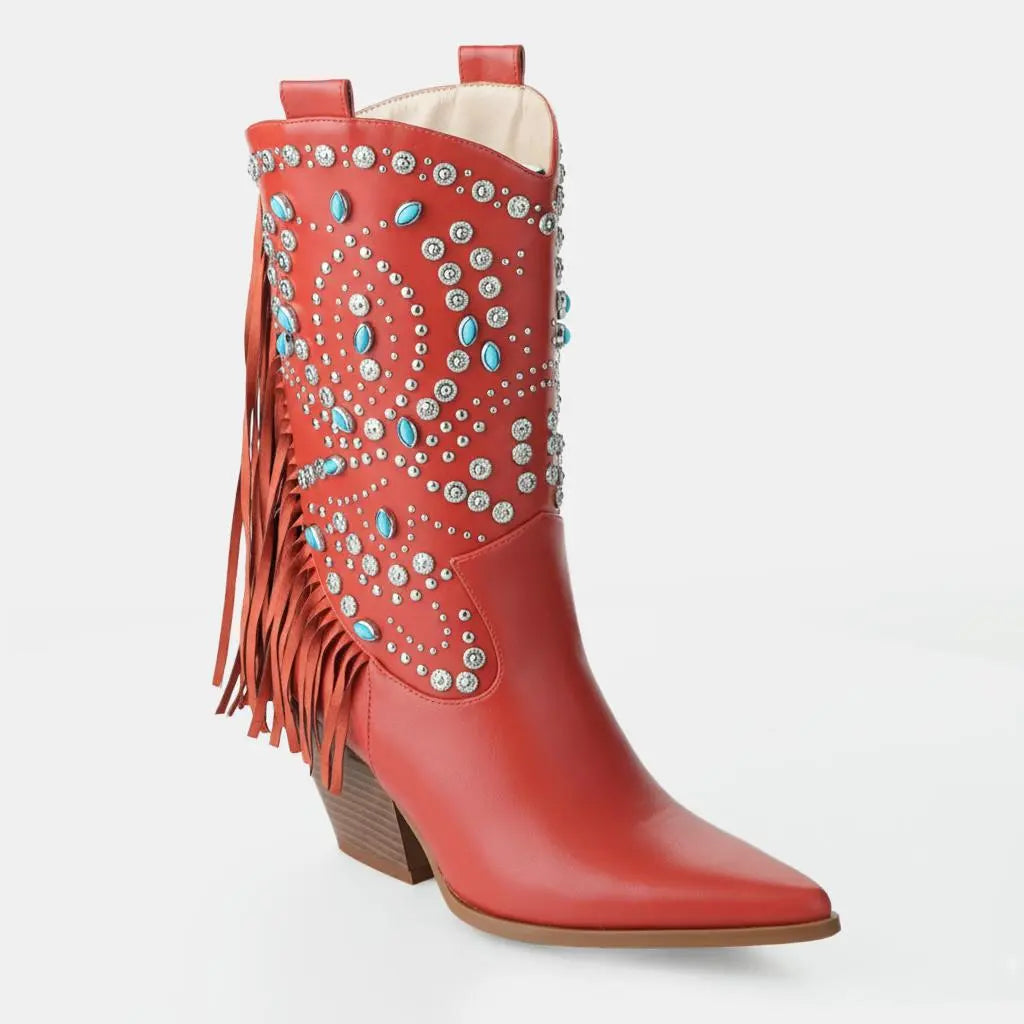 Tuhoomall Western Style Floral Embellished Mid-Calf Cowboy Boots with Chunky Heel for Fashion, Outdoor, Party and Casual Western Boots Tuhoomall