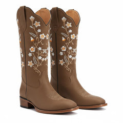 Tuhoomall Comfortable Floral Embroidered Western Boots for Women, Chunky Low Heel, Faux Suede with Rubber Sole, Perfect for Casual and Office Wear