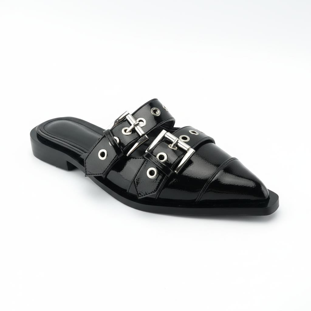 Tuhoomall Comfortable Pointed-Toe Mule Sandals for Summer Travel | Adjustable Metal Button Design | Casual Street Style Tuhoomall