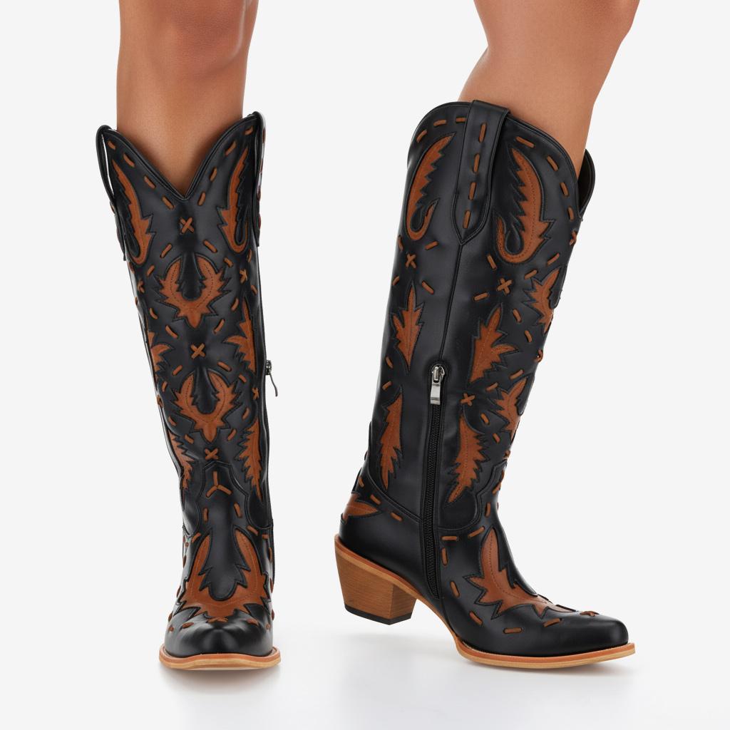 Tuhoomall Western Knee-High Cowboy Boots With Chunky Heel, Stylish Suede , Chic Patchwork Design For Comfort In Casual Outfits