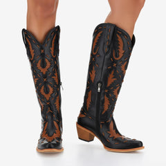 Tuhoomall Western Knee-High Cowboy Boots With Chunky Heel, Stylish Suede , Chic Patchwork Design For Comfort In Casual Outfits